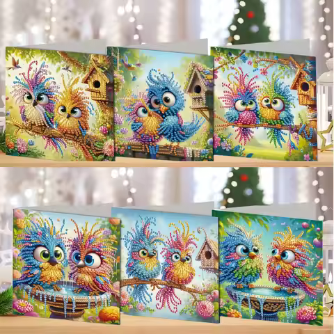 6-Piece DIY Diamond-Painted Owl-Themed Greeting Card Set, With a Unique Design, Is Used to Express t