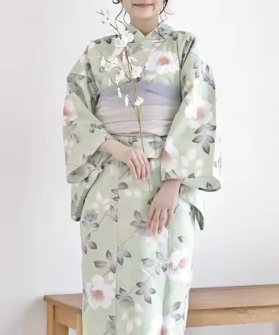 Japanese Kimono-style Cotton Women's Dress and Young Ladies' Kimono with Navy Green Camellia Pattern