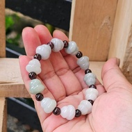 玉石手鍊 雕刻葫蘆 搭配石榴石 天然A貨翡翠 葫蘆 12mm