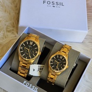 Fossil His and Her BQ3757  Rye Multifunction Gold-Tone Black Dial Stainless Steel Watch