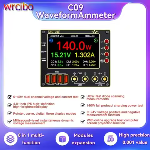 I2C C09 Waveform Ammeter 0-40V Input Dual Channel Voltage Current Tester 4 Inch HD Display Fast Diod