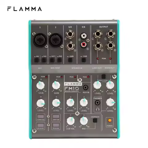 FLAMMA FM10 Digital Audio Mixer 6 Channel Mixing Console Sound Card USB Interface 48V Phantom Power 