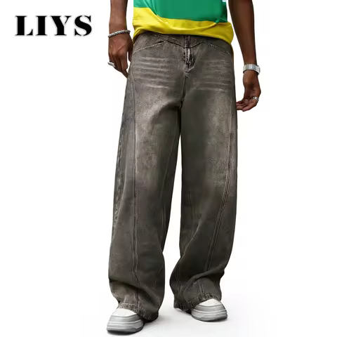 LIYS Men's American Retro Washed Ultra Baggy Wide Leg Jeans Four Seasons Split Splicing Denim Pants 