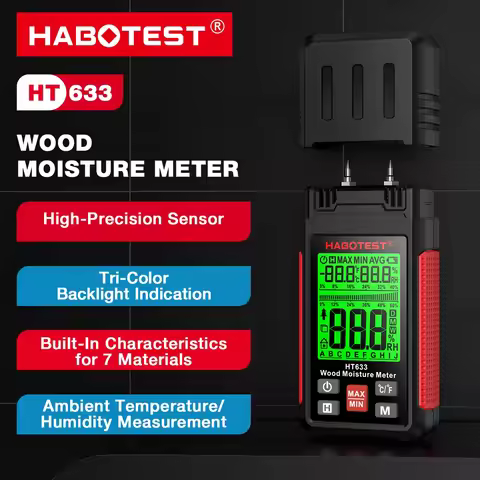 HABOTEST HT633 Digital Wood Moisture Meter Pin‑Type Humidity Detector 7 Material Modes Ambient Temp 