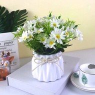 Artificial Daisy Bouquet with Small Vase Fake Silk Daisies Flowers Bonsai Decoration for Home Office Table Centerpieces Arrangement Wedding