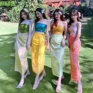KIKO2E Dai Festival Costume, Thailand Style Asia Thai Traditional Costume, Thai Traditional Outfit Long Skirt Two Piece Set Summer Thailand Suit Top Skirt Photography Costume
