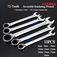 FFEEKK ประแจแหวนฟรี 10 ชิ้น แหวนฟรี-แหวนก๊อกแก๊ก เหล็กเกรด CR-V เบอร์ 8-19mm ประแจ