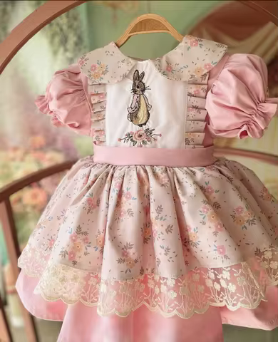 0-12Y Girl Summer Rabbit Embroidery Floral Turkish Vintage Princess Pink Dress for Easter Eid Birthd