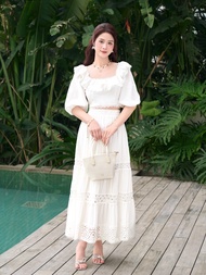 Set biển trắng áo croptop hở lưng phối chân váy maxi thô boil Orchid - OHB13X763