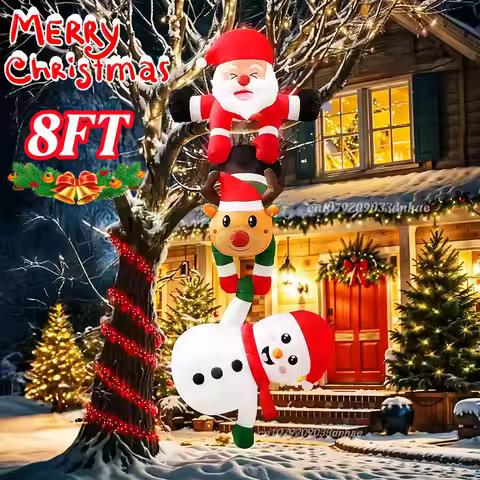 8FT Inflatable Christmas Climbing Santa Claus with Reindeer & Snowman, Built-in LED for Outdoor Beam