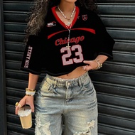 Muchica Red & Black Contrast Color Sports Style Numeric 23 & Star Pattern Women Casual V-Neck Loose 