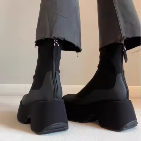 Elastic Chelsea Boots Women's Thick Bottom Heightening Slim Boot Black Short Sock Boot Zipper Back F