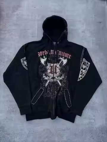 Archaic Gothic Metal Axe Embroidery Print Zip Hoodie White Dotted Lin Design Vintage Dark Style Acad