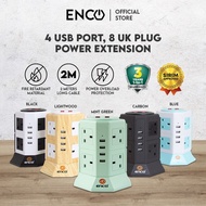 ENCO 4U8K (8 UK Plug 4 USB Port) Tower Extension / Extension Plug with Surge Protector SIRIM Approve