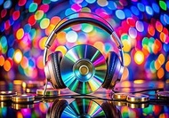 7X5Ft Video Music CD and DVD Theme Backdrop - Colorful Bokeh Disco Lights with Headphones and CD, Re