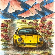 Autumn Voyage watercolor painting, Porsche 911 artwork, nature drive, yellow car
