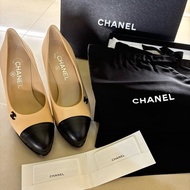 Chanel經典雙色高跟鞋裸色菱格紋36C
