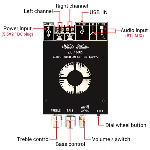 ZK-1602T Bluetooth Audio Power Amplifier Module TDA7498E 160WX2 High Bass Adjustment Amplifier Board