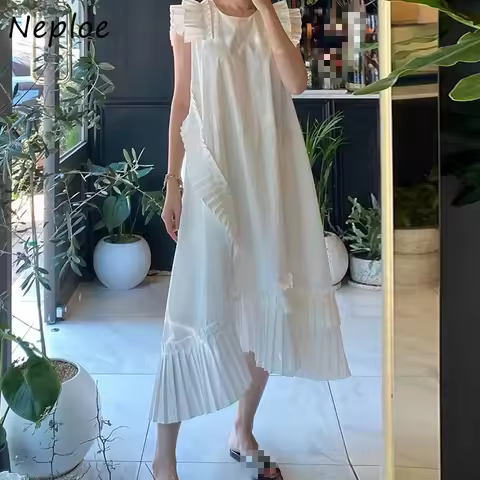Neploe Ruffles Pleated Dress Women Korean Chic O Neck Butterfly Sleeve Irregular Dresses Femme Summe