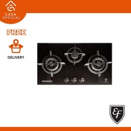 EF 78CM 3 Brass Burners, Black Glass Gas Hob With Flexible Cut-Out - EFH 7635 WT VGB