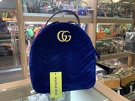 （法國代購）GUCCI 全新藍色絨布W紋車線金GG LOGO 後背包手提包 524568