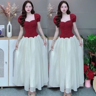D956 LONG Puff Sleeve Pleated Dress with CUTE CROSS-WAIST KNITTING DESIGN (small waist form)