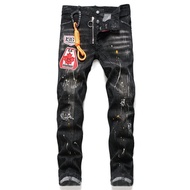 Mens DSQUARED2 Brand Jeans Mens Trend Casual Slim Hole Badge Black D2 Denim Pants Mens High Street H