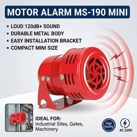Powerful 120dB Mini Motor Siren MS-190- Metal Horn Alarm 220V, Industrial Rotating Warning Light/Sir