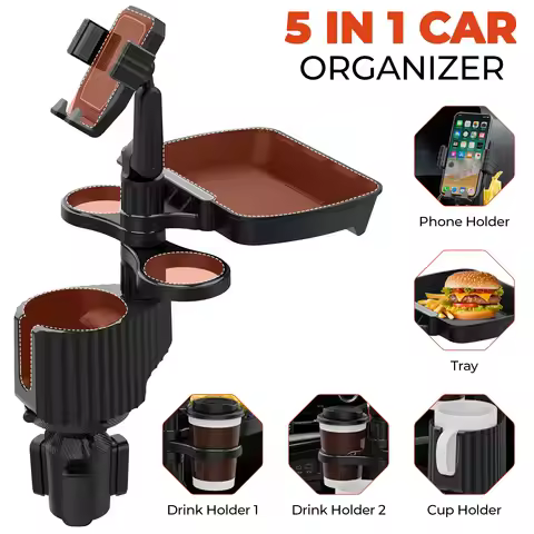 5-in-1 Car Cup Holder-in with Food Tray Table with Phone Holder,360° Rotation,3 Cup Holders,Trip&Car