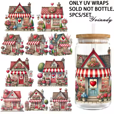 5Pcs/Set Valentines Flower 16OZ Glass Jar Transfer Paper UV DTF High Self-Adhesive Transfer Paper Su