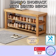 ⭐SG SALES⭐ Bamboo Shoe Rack with Bench/ Shoe Rack with Seats/ Seat when wearing or taking off Shoes
