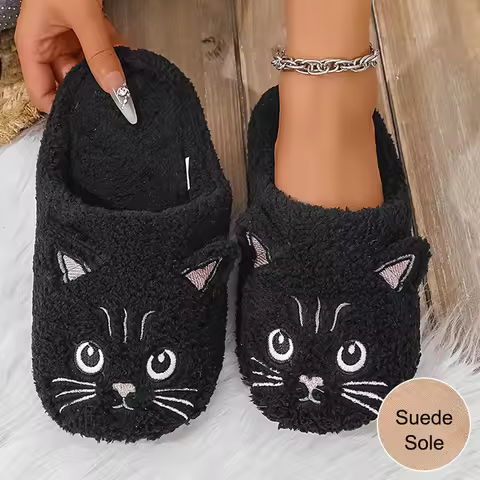 Women's Plush Slip-On Slippers Black Cat Cozy Plush Shoes Lining Casual Footwear for Home Indoor One