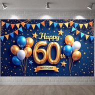 Happy 60th Birthday Party Banner Backdrop for Men Women Navy Blue and Gold 60th Birthday Backdrop Ba