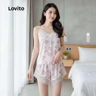 Lovito Set Piyama Renda Korea Sutra Ais 2 Helai, Piyama Kasual Wanita Nyaman di Rumah LNE113153