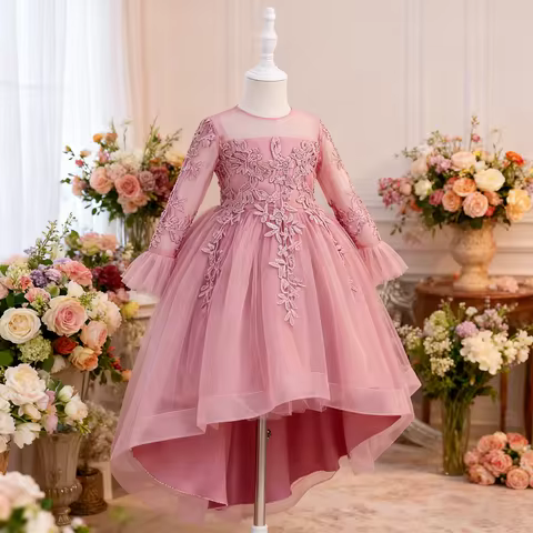 Girls dress long sleeve elegant dress with train design unique dress skirt suitable for birthday par