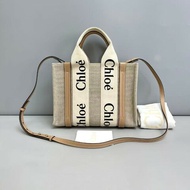Chloe Woody系列小號帆布奶茶色tote