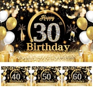 Happy Birthday Banner 30th 40th 50th 60th Backdrop For Birthday Party Decorations Black Gold Glitter