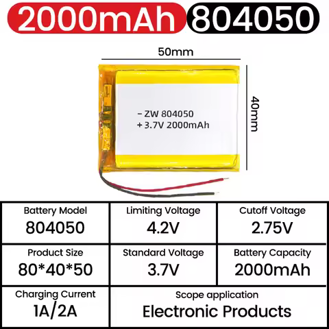 804050 3.7V 2000mAh Polymer Lithium Rechargeable Battery XH2.54 PH 2.0 2pin plug for GPS navigator M
