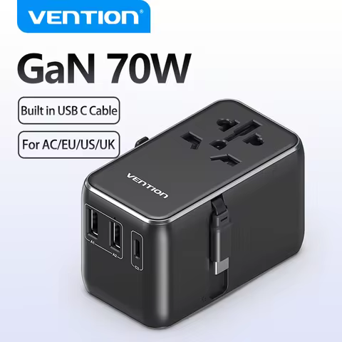 Vention 70W GaN Charger PD 65W Universal Travel with Built-in USB-C All in One Worldwide Travel Adap