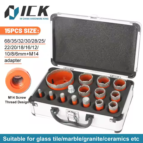 M14 Thread Diamond Dry Vacuum Brazed Drilling Core Drill Bits Set Porcelain Cup Saw Tiles Granite Ma