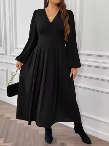 Women's Dress Best seller Plus Size Dress Solid Black V Neck Long Sleeve Waist Slimming Maxi Dress A