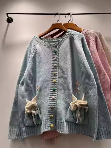 Mori Kei Sweet Knitting Cardigan Coat Women Autumn Winter Japan Mori Girl Pink Blue Single Breasted 