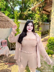 สาวอวบ ชุดเซ็ตสาวอวบ เซ็ตเกาะอก เสื้อคลุม ขาสั้น ชีฟอง เดินทะเล ซัมเมอร์ อก 38 40 42 44 46
