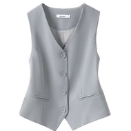 Women Spring Autumn New Fashion Gray Cropped Blazer Vest Chic V-Neck Single Breasted Sleeveless Female Solid Outwear Vest Lady Outfit Short Style Blazer Tops