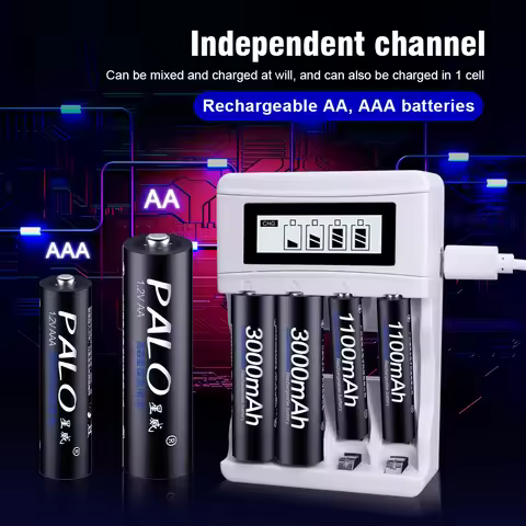 PALO AA and AAA Rechargeable Batteries 3000mAh NI-MH AA Battery LR6 1100mAh AAA LR3+LCD USB USB Char