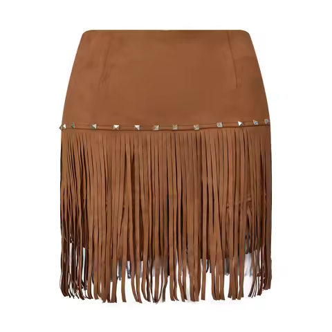 Women Cowgirl Mini Skirt Suede Fringe High Waist Rivet Decorated Tassel Short Skirt Western Style Pa
