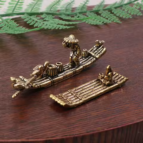 1 Piece Desktop Ornament Antique Brass Bamboo Raft Fishing Boat Fisherman Art Modeling Sculpture Inc