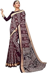 Women's Ajrak Block Print Dola Silk Saree With Unstitched Blouse Piece