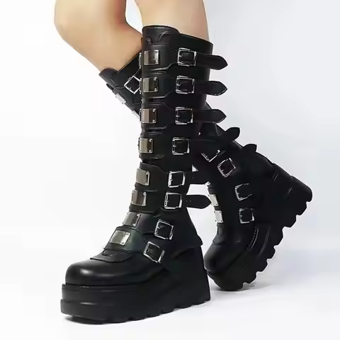 Brand Design Big Size 43 Black Gothic Style Cool Punk Motorcycles Boots Female Platform Wedges High 