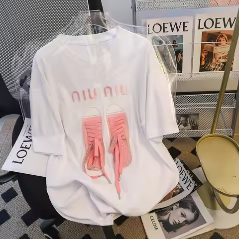 Cotton Short-sleeved T-shirt Women's Summer 2024 Diamonds Shoelace 3D Shoes O-Neck Plus Size Women F